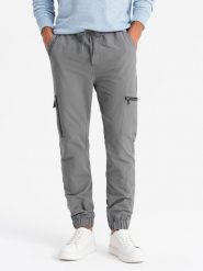 Spodnie męskie joggery z kieszeniami cargo i printem – szare V4 OM-PAJO-0200 - XXL. Szare spodnie materiałowe męskie Ombre Clothing, z aplikacjami, z bawełny. Za 137.99 zł.