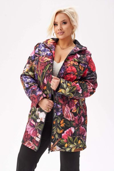 Lekka kurtka przejściowa SOFTSHELL z kapturem w kwiaty w odcieniach czerni, czerwieni i fioletu OVERSIZE PLUS SIZE XXL JESIEŃ. Czerwone kurtki softshell damskie Moda Size Plus Iwanek, m, bez wzorów, z bawełny, z kapturem. W wyprzedaży za 429.90 zł.