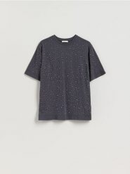 T-shirt ze strassem - ciemnoszary. Szare t-shirty damskie Reserved, l, bez wzorów, z bawełny, bez kołnierzyka. Za 89.99 zł.