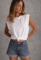 Biały Wiązany Top Oversize z Bawełny Bez Rękawów z Poduszkami w Ramionach Othrassa. Białe topy damskie Renee, bez wzorów, z bawełny, bez kołnierzyka. Za 69.99 zł.