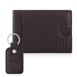 Portfel męski skórzany brązowy T-46-BR i brelok do kluczy T-86-BR zestaw prezentowy ZUP-135-BR. Brązowe portfele męskie Paolo Peruzzi, bez wzorów, ze skóry. Za 75.99 zł.