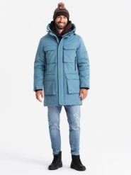 Ocieplana długa męska kurtka z odblaskowymi elementami – niebieska V4 OM-JALJ-0169 - XXL. Niebieskie kurtki męskie Ombre Clothing, l, z aplikacjami, z gumy, eleganckie. W wyprzedaży za 169.99 zł.