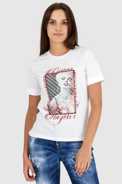 GUESS Biały t-shirt damski bawełniany z nadrukiem, Rozmiar XS. Białe t-shirty damskie Guess, s, z aplikacjami, z bawełny, bez kołnierzyka. W wyprzedaży za 114.99 zł.