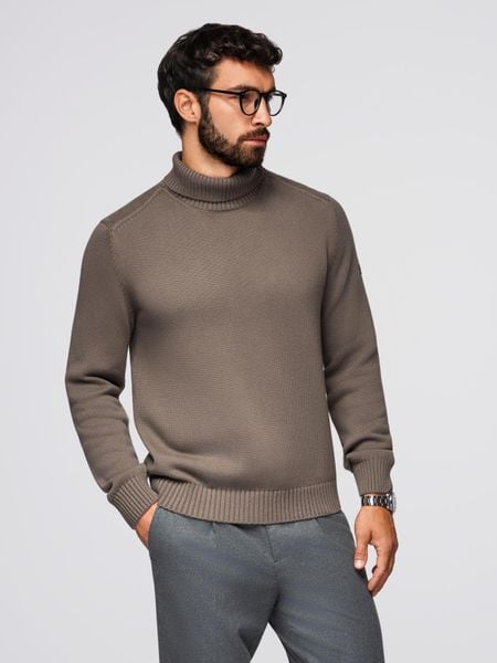 Golf męski sweter z dzianiny – szarobrązowy V1 - Rozmiar: XL. Brązowe swetry męskie Ombre Clothing, m, bez wzorów, z bawełny, bez kołnierzyka. W wyprzedaży za 79.99 zł.
