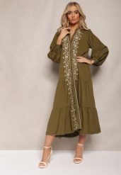 Ciemnozielona Midi Sukienka o Trapezowym Kroju z Ozdobnymi Haftami w Stylu Boho Tactila. Zielone sukienki damskie Renee, na jesień, l, bez wzorów, boho, bez kołnierzyka, bez ramiączek, midi, rozkloszowane. W wyprzedaży za 131.99 zł.