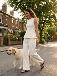 Komplet: top bez rękawów i szerokie spodnie z domieszką wiskozy - kremowy. Białe spodnie materiałowe damskie Sinsay, bez wzorów, z wiskozy. Za 79.99 zł.