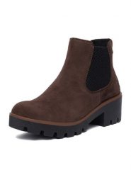 Rieker Botki CEO-79265-25 Brązowy ciemny. Brązowe botki damskie Rieker, ze skóry, bez obcasa, na słupku, bez zapięcia. Za 399.99 zł.