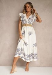 Biało-Niebieska Kopertowa Sukienka z Wiskozy Ozdobiona Haftem i Paskiem Nilatea. Białe sukienki damskie Renee, l, bez wzorów, z materiału, eleganckie, bez kołnierzyka, bez ramiączek, midi, kopertowe. Za 119.99 zł.