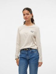 Vero Moda Koszulka w kolorze beżowym rozmiar: S. Brązowe bluzki damskie Vero Moda, s, bez wzorów, z bawełny, bez kołnierzyka. Za 35.18 zł.