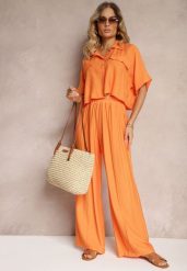 Pomarańczowy 2-Częściowy Komplet z Wiskozy Koszula o Luźnym Kroju Szerokie Spodnie Velvitela. Brązowe koszule damskie Renee, bez wzorów, z materiału, eleganckie. Za 149.99 zł.