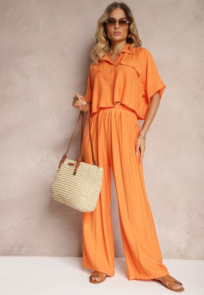 Pomarańczowy 2-Częściowy Komplet z Wiskozy Koszula o Luźnym Kroju Szerokie Spodnie Velvitela. Brązowe koszule damskie Renee, bez wzorów, z materiału, eleganckie. Za 129.99 zł.