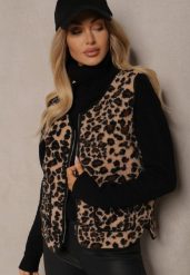 Beżowa Kamizelka w Panterkę z Wsuwanymi Kieszeniami Vamirya. Brązowe kamizelki damskie Renee, l, z jeansu. Za 119.99 zł.