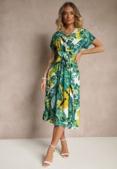 Ciemnozielona Sukienka o Rozkloszowanym Kroju w Liście z Paskiem Pumale. Zielone sukienki damskie Renee, na co dzień, na lato, l, bez wzorów, eleganckie, bez kołnierzyka, bez ramiączek, midi, proste. W wyprzedaży za 52.49 zł.