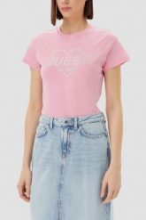 GUESS Różowy damski t-shirt Narciso, Rozmiar M. Czerwone t-shirty damskie Guess, m, z aplikacjami, bez kołnierzyka. W wyprzedaży za 99.99 zł.