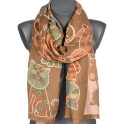 Beżowy Duży Szalik Damski Bawełniany Ciepły Dwustronny Koty Ax-127. Brązowe szaliki i kominy damskie bez wzorów, z bawełny. Za 59.99 zł.