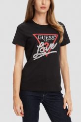 GUESS Czarny damski t-shirt Pearls Love, Rozmiar M. Czarne t-shirty damskie Guess, m, z aplikacjami, bez kołnierzyka. W wyprzedaży za 119.99 zł.