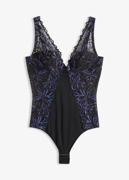 Body z połyskującą nicią. Czarne body damskie bonprix, bez wzorów. Za 34.99 zł.