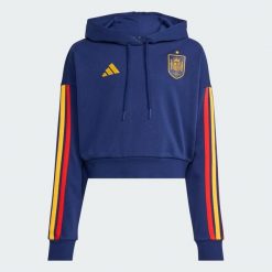Bluza z kapturem Hiszpania DNA. Niebieskie bluzy sportowe damskie Adidas, m, bez wzorów, z bawełny, bez ramiączek, z kapturem. Za 259.00 zł.