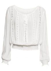 Bluza nakładana przez głowę z miękkiej wiskozy. Białe bluzy bez kaptura damskie bonprix, z koronki. Za 144.99 zł.