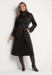 Czarny Płaszcz Trencz Dwurzędowy Ozdobiony Paskiemz Klamrą Tinbella. Czarne płaszcze damskie Born2be, l, bez wzorów, z jeansu, eleganckie. Za 189.99 zł.