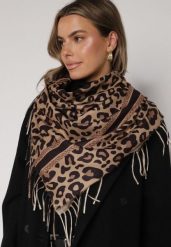 Ciemnobrązowy Panterkowy Szalik z Wiskozy Zdobiony Frędzlami Ferenea. Brązowe szaliki i kominy damskie Born2be, z aplikacjami, z wiskozy. Za 39.99 zł.