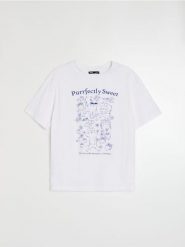 Bawełniana koszulka z motywem kotów - biały. Białe t-shirty damskie Sinsay, l, bez wzorów, z bawełny, bez kołnierzyka. Za 17.99 zł.