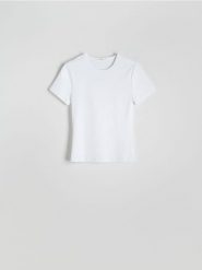 Gładki t-shirt - biały. Białe t-shirty damskie Reserved, l, bez wzorów, z dzianiny, bez kołnierzyka. W wyprzedaży za 35.99 zł.