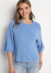 Niebieski Sweter z Wełną i Krótszym Rękawem Dannalie. Niebieskie swetry klasyczne damskie Born2be, uniwersalny, z jeansu, bez kołnierzyka. Za 159.99 zł.