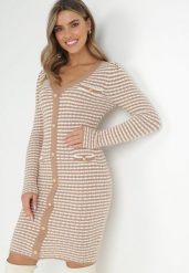 Beżowa Sukienka Sweterkowa w Paski z Guzikami Sietili. Brązowe sukienki damskie Born2be, na co dzień, s, bez wzorów, eleganckie, bez kołnierzyka, bez ramiączek, mini. W wyprzedaży za 76.49 zł.