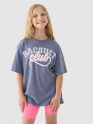 4F T-shirt z nadrukiem dziewczęcy - granatowy 122 (6-7 lat). Niebieskie koszulki dziewczęce 4f, bez wzorów, z bawełny, bez ramiączek. W wyprzedaży za 19.99 zł.