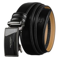 Elegancki, skórzany pasek męski w czarnym kolorze z automatyczną klamrą - Peterson. Czarne paski męskie Peterson, bez wzorów, ze skóry, eleganckie. Za 69.99 zł.