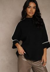 Czarny Sweter Ozdobiony Lamówką na Rękawach Tusenna. Czarne swetry klasyczne damskie Renee, z jeansu, bez kołnierzyka. Za 89.99 zł.