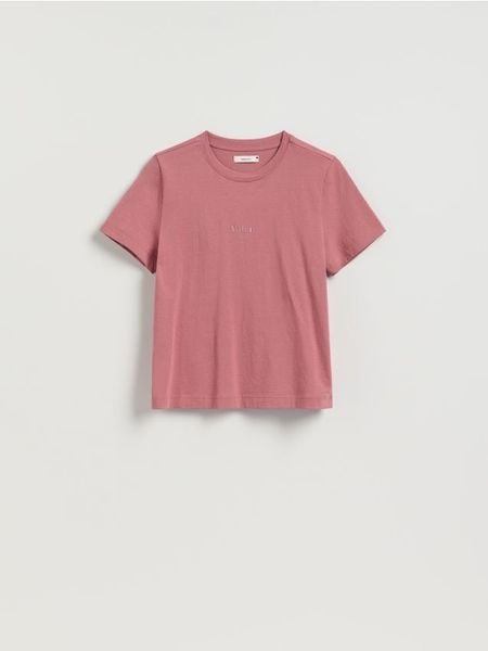 T-shirt z nadrukiem - różowy. Czerwone t-shirty damskie Reserved, l, bez wzorów, z bawełny, bez kołnierzyka. Za 45.99 zł.