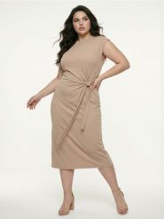 Bawełniana sukienka midi z dekoracyjnym wiązaniem i rozcięciem - beżowy. Brązowe sukienki damskie Sinsay, l, bez wzorów, z bawełny, bez kołnierzyka, bez ramiączek, midi. Za 49.99 zł.
