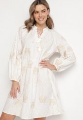 Biała Bawełniana Sukienka w Palmy z Wiązaniem Evivirae. Białe sukienki damskie Born2be, na spacer, l, bez wzorów, z bawełny, eleganckie, bez kołnierzyka, bez ramiączek, midi. Za 159.99 zł.