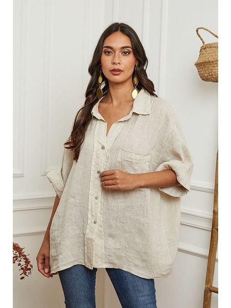 La Compagnie Du Lin Lniana bluzka w kolorze beżowym rozmiar: XXL. Brązowe bluzki damskie La Compagnie Du Lin, xxl, bez wzorów, ze lnu, bez kołnierzyka, bez ramiączek. Za 170.07 zł.