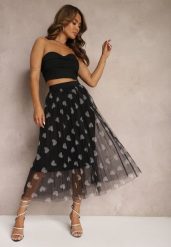 Czarna Tiulowa Rozkloszowana Spódnica Plisowana z Aplikacjami Serc i Gumką w Pasie Missari. Czarne spódniczki damskie Renee, l, z aplikacjami, z tiulu, eleganckie, midi, plisowane. Za 44.99 zł.