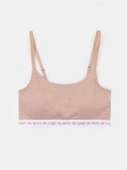 Sportowy biustonosz typu top z wyjmowanymi miseczkami - beżowy. Brązowe topy sportowe damskie Sinsay, l, bez wzorów, bez ramiączek. Za 14.99 zł.