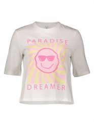 ONLY Koszulka w kolorze kremowym rozmiar: L. Brązowe bluzki damskie Only, l, bez wzorów, z bawełny, bez kołnierzyka, bez ramiączek. Za 43.99 zł.