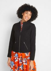 Kurtka z twillu z bawełny, z elastycznymi wstawkami po bokach. Czarne kurtki damskie bonprix, bez wzorów, z bawełny, bez kaptura. Za 239.99 zł.