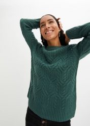 Sweter z okrągłym dekoltem i wzorem w warkocze. Zielone swetry klasyczne damskie bonprix, bez kołnierzyka. Za 107.99 zł.