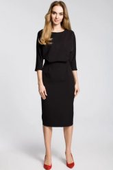 Sukienka elegancka midi kimonowa góra dopasowany dół czarna. Czarne sukienki damskie MOE, do pracy, xl, bez wzorów, biznesowe, bez kołnierzyka, bez ramiączek, midi, dopasowane. W wyprzedaży za 202.00 zł.