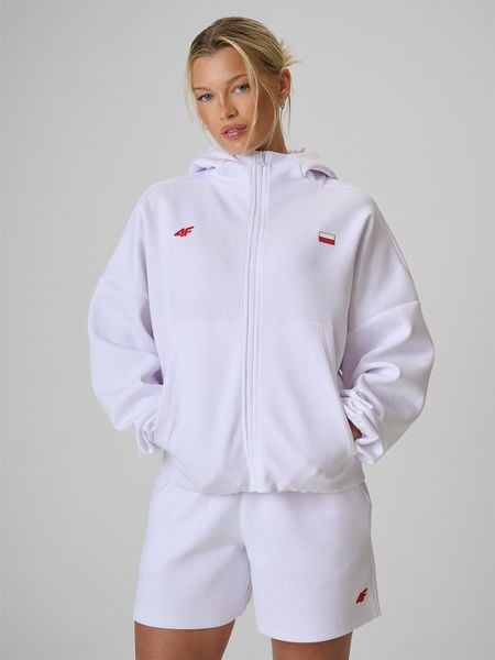 4F Bluza kibica regular z kapturem damska - biała L. Białe bluzy sportowe damskie 4f, l, z dresówki. Za 199.99 zł.
