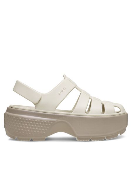 Crocs Sandały Stomp Fisherman Sandal 209938 Szary. Szare sandały damskie Crocs, bez wzorów, z tworzywa sztucznego, bez obcasa, na płaskiej podeszwie. Za 319.99 zł.