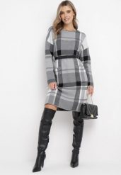 Szara Sukienka Midi Sweterkowa w Szeroką Kratę Firmia. Szare sukienki damskie Born2be, na spotkanie biznesowe, l, bez wzorów, z bawełny, eleganckie, bez kołnierzyka, plus size, bez ramiączek, midi, oversize. W wyprzedaży za 111.99 zł.