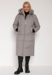 Szara Długa Kurtka Pikowana z Kapturem i Bocznymi Suwakami Mevoressa. Szare kurtki damskie Born2be, na zimę, plus size, bez wzorów, z dzianiny, z kapturem. Za 299.99 zł.