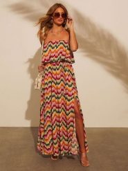 LA Angels Sukienka w kolorze beżowo-zielono-czerwonym rozmiar: M. Brązowe sukienki damskie LA Angels, na imprezę, m, bez wzorów, z wiskozy, bez kołnierzyka, bez ramiączek, maxi. Za 195.77 zł.