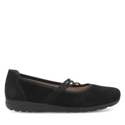 Półbuty Rieker. Czarne półbuty damskie Rieker, bez wzorów, bez obcasa, na płaskiej podeszwie. Za 309.99 zł.