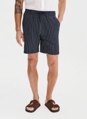 PAKO LORENTE - Granatowe spodenki męskie w prążek z lnem. Szorty męskie Pako Lorente, z bawełny, bez kołnierzyka. Za 169.99 zł.