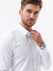 Koszula męska z długim rękawem SLIM FIT - biała. Białe koszule męskie Ombre Clothing, m, bez wzorów, z bawełny, bez kołnierzyka, bez ramiączek. W wyprzedaży za 39.99 zł.